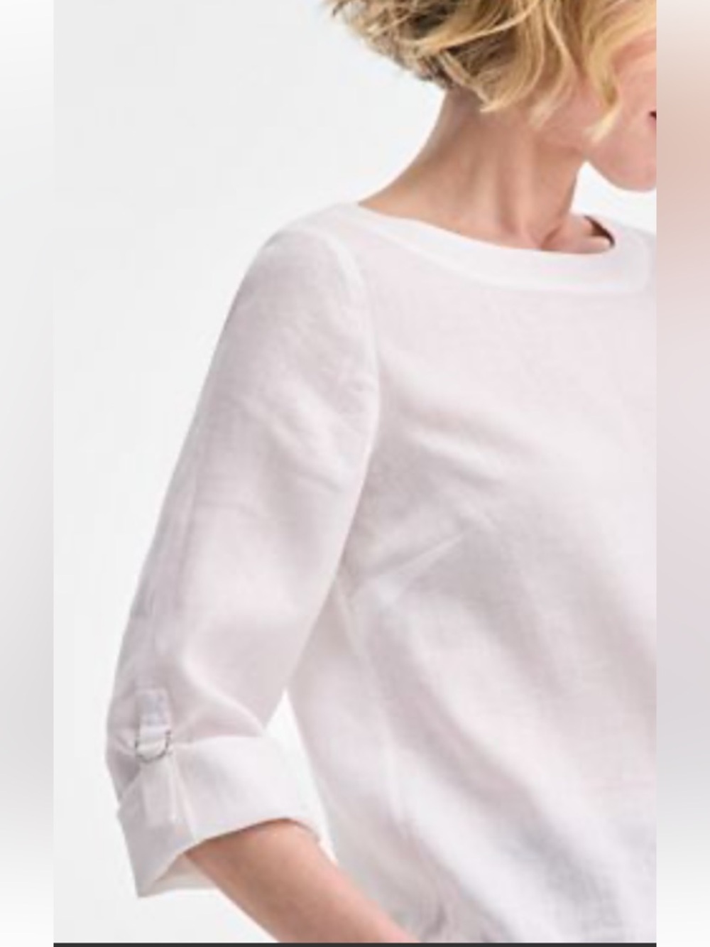 New 100% Linen Charter Club luxury White Round Neck Roll-Sleeve Blouse Size S - Picture 4 of 10